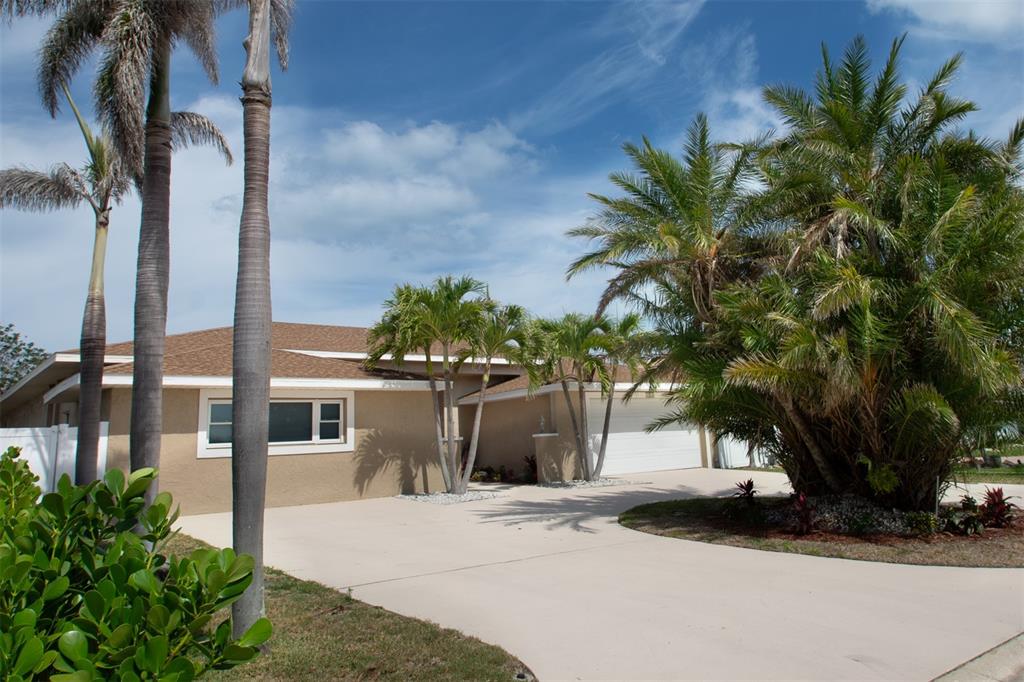 A single-story tan house with a brown shingled roof, palm trees, and a concrete driveway — 2504 HIBISCUS DRIVE W, BELLEAIR BEACH, FL