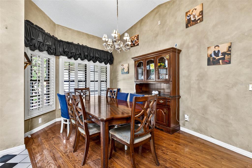 A dining room features a wooden table, chairs, a hutch, and a chandelier — 2835 HAMMOCK DRIVE, PLANT CITY, FL