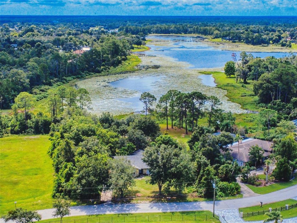 An aerial view of a house surrounded by trees and greenery next to a lake — 799 E LEHIGH DRIVE, DELTONA, FL