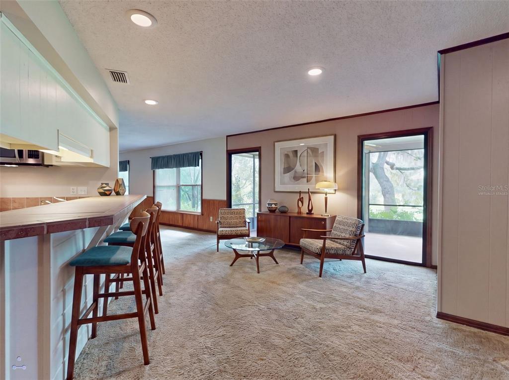 A living room with carpeted floors, a breakfast bar, and two glass doors leading outside — 799 E LEHIGH DRIVE, DELTONA, FL