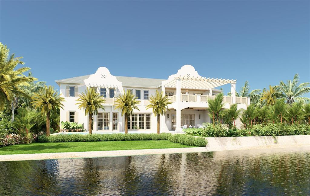 This rendering shows the rear exterior of a two-story house with a pool and pergola — 8 NW 24th Street, Delray Beach FL 33444, DELRAY BEACH, FL