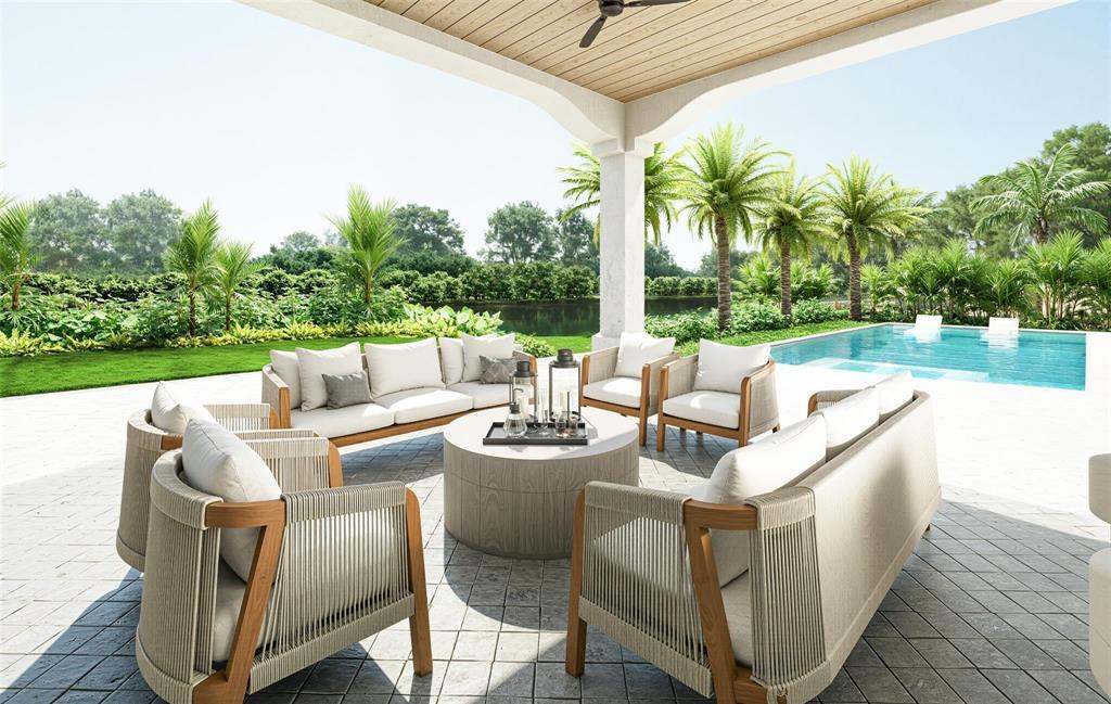 This rendering shows a covered patio with outdoor furniture, a pool, and tropical landscaping — 8 NW 24th Street, Delray Beach FL 33444, DELRAY BEACH, FL