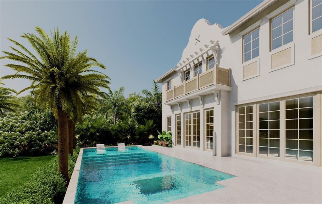 This is a rendering of a house exterior featuring a swimming pool and palm trees — 8 NW 24th Street, Delray Beach FL 33444, DELRAY BEACH, FL
