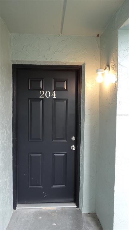 A dark-colored front door with the number 204 is set in a light-colored stucco wall — 14417 AMERICANA CIRCLE UNIT 204, TAMPA, FL
