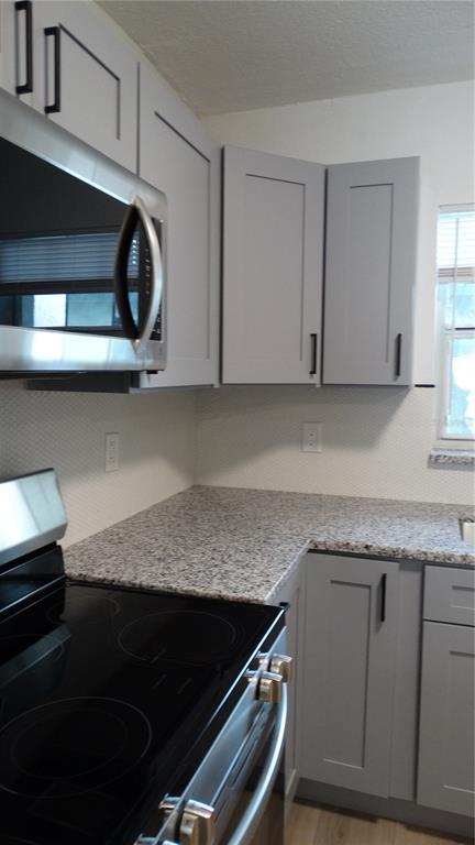A kitchen features gray shaker cabinets, granite countertops, and stainless steel appliances — 14417 AMERICANA CIRCLE UNIT 204, TAMPA, FL