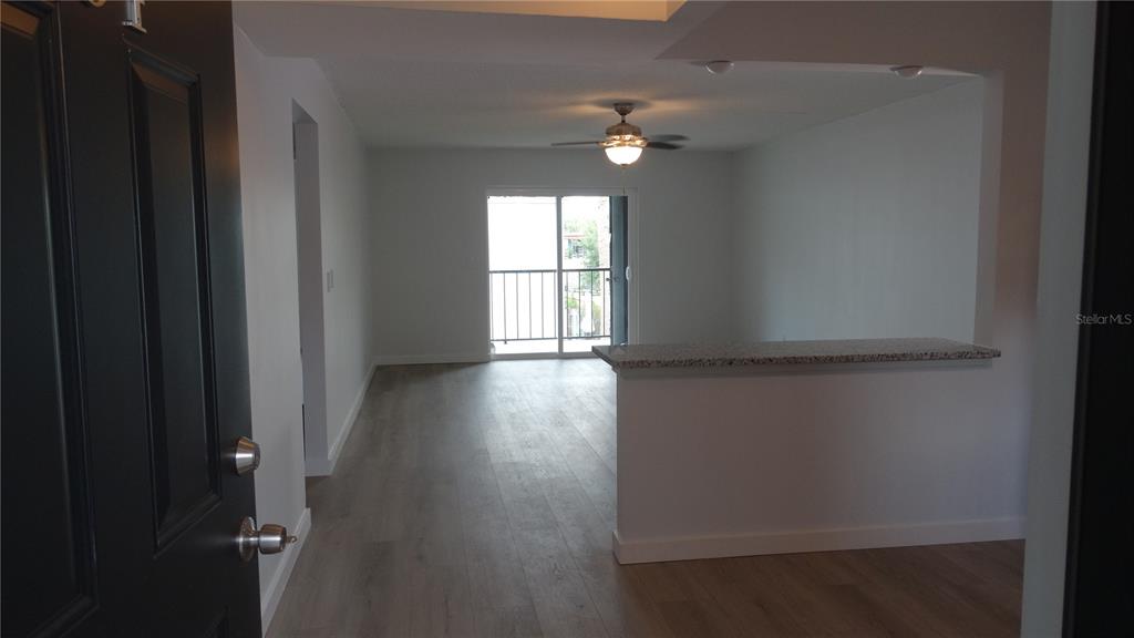 An interior view of a living area with light wood flooring, a ceiling fan, and balcony — 14417 AMERICANA CIRCLE UNIT 204, TAMPA, FL