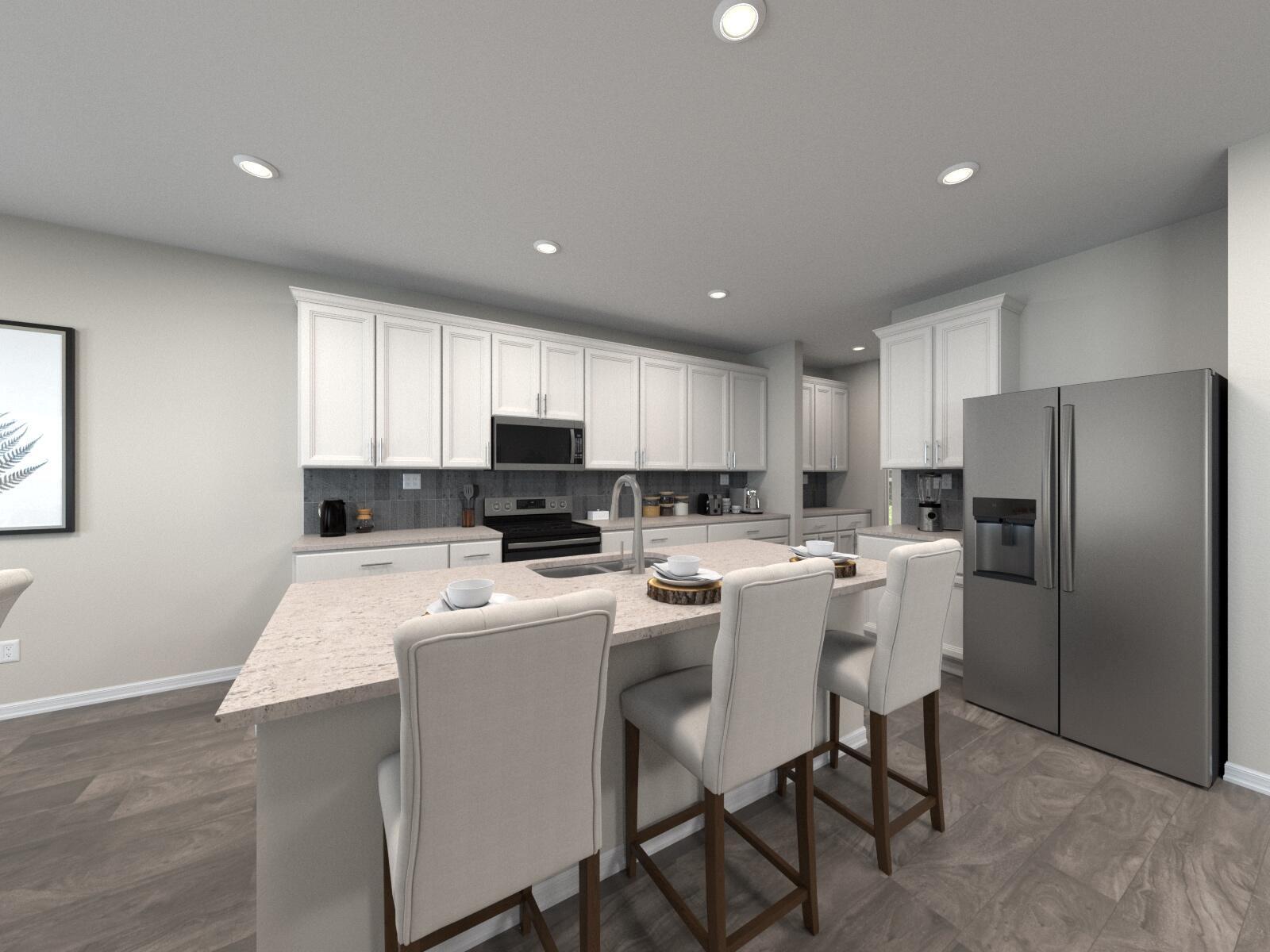 This is a rendering of a modern kitchen featuring white cabinets, an island, and stainless appliances — 5605 Hampton Park Circle, Vero Beach FL 32966, VERO BEACH, FL