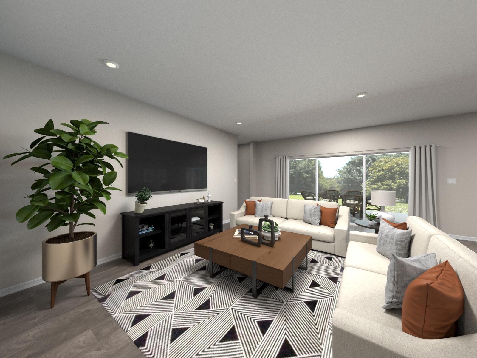 A digital rendering of a living room featuring two beige sofas, a geometric rug, and television — 5605 Hampton Park Circle, Vero Beach FL 32966, VERO BEACH, FL