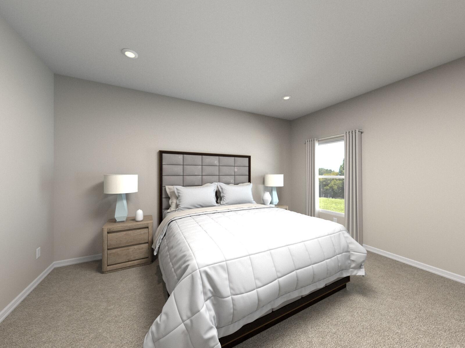 This is a rendering of a bedroom featuring a gray tufted headboard and beige carpet — 5605 Hampton Park Circle, Vero Beach FL 32966, VERO BEACH, FL