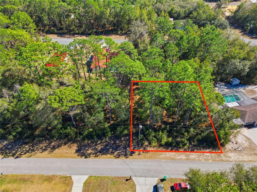 An aerial view shows a rectangular, wooded vacant lot outlined in red along a road — 2780 W ELGIN PLACE, CITRUS SPRINGS, FL