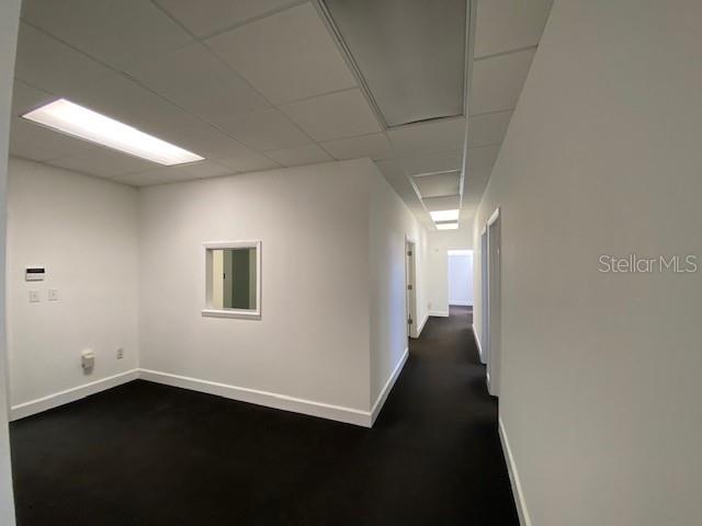 An office hallway features white walls, a drop ceiling with recessed lighting, and dark carpeting — 2109 E PALM AVENUE, TAMPA, FL