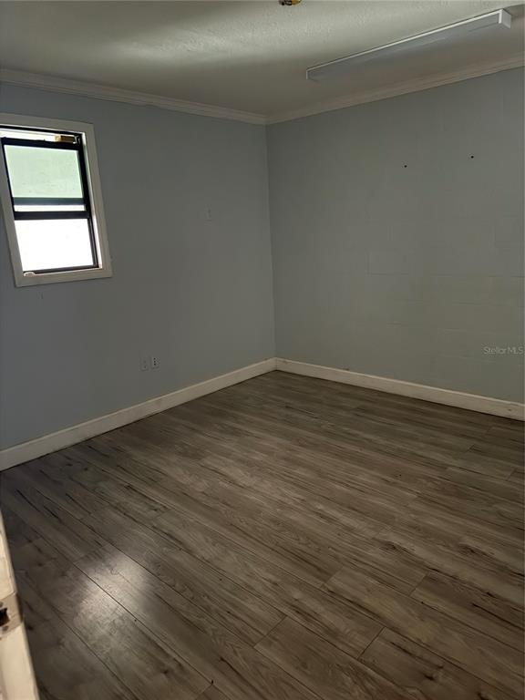 An empty room features light blue walls, wood-look flooring, a single window, and a ceiling light — 18290 PAULSON DRIVE UNIT 4, PORT CHARLOTTE, FL