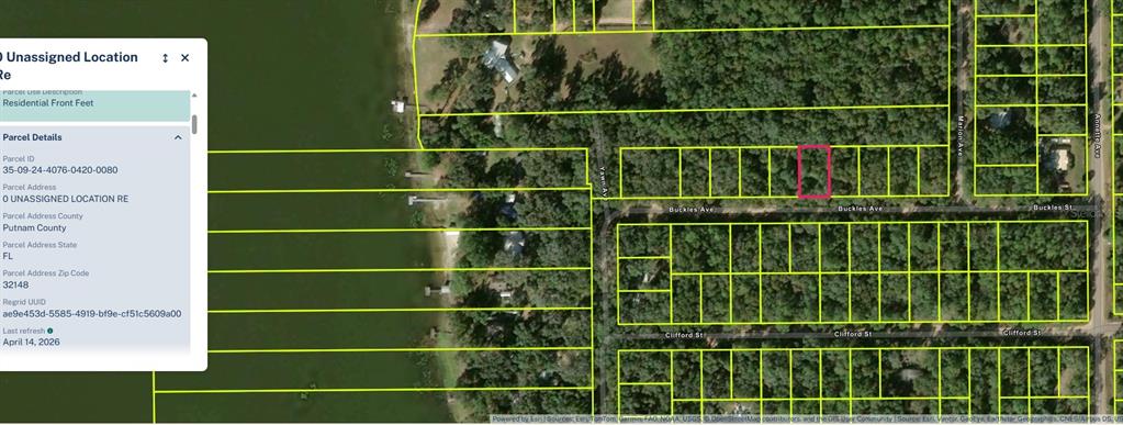 This is a satellite map view of a rectangular land parcel outlined in pink — Lot 8, Unit 7, Blk 42 BUCKLES AVENUE, INTERLACHEN, FL