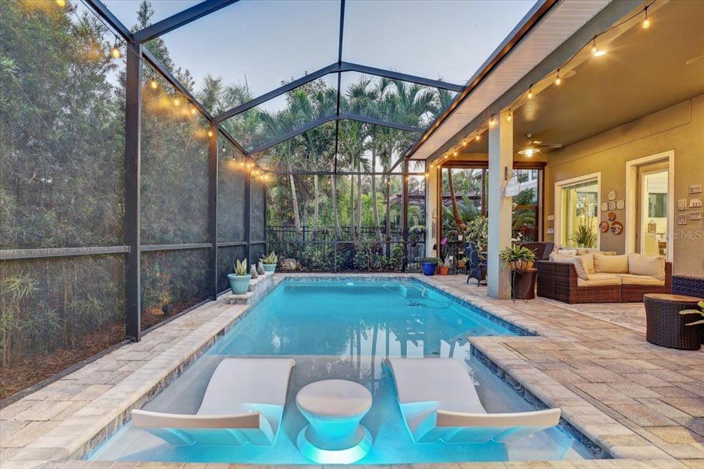 A screened-in patio features a swimming pool with two lounge chairs and a small table — 7209 MEETING HOUSE LANE, APOLLO BEACH, FL