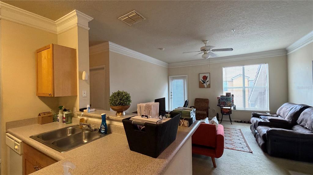 A kitchen counter overlooks a living room with a sofa, ceiling fan, and large window — 8849 VILLA VIEW CIRCLE UNIT 302, ORLANDO, FL