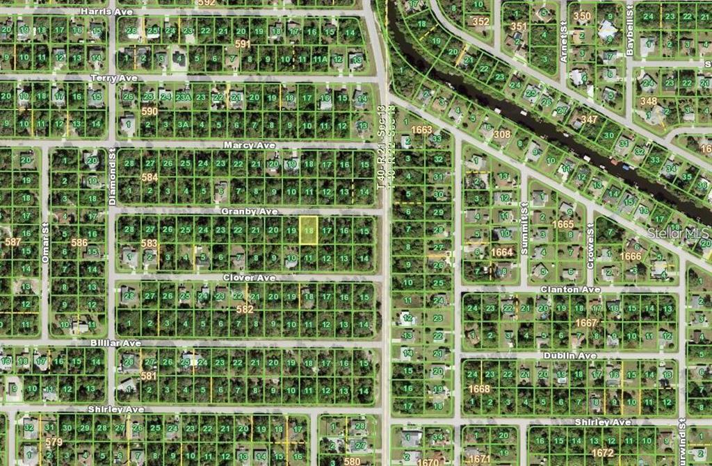 This is a map showing residential lots and street layouts in a neighborhood — 17497 GRANBY AVENUE, PORT CHARLOTTE, FL
