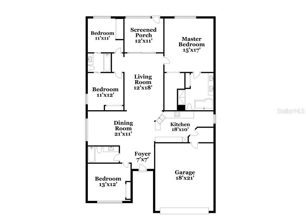 This is a floor plan showing the layout of a house with four bedrooms and a garage — 12307 CRICKLEWOOD DRIVE, SPRING HILL, FL