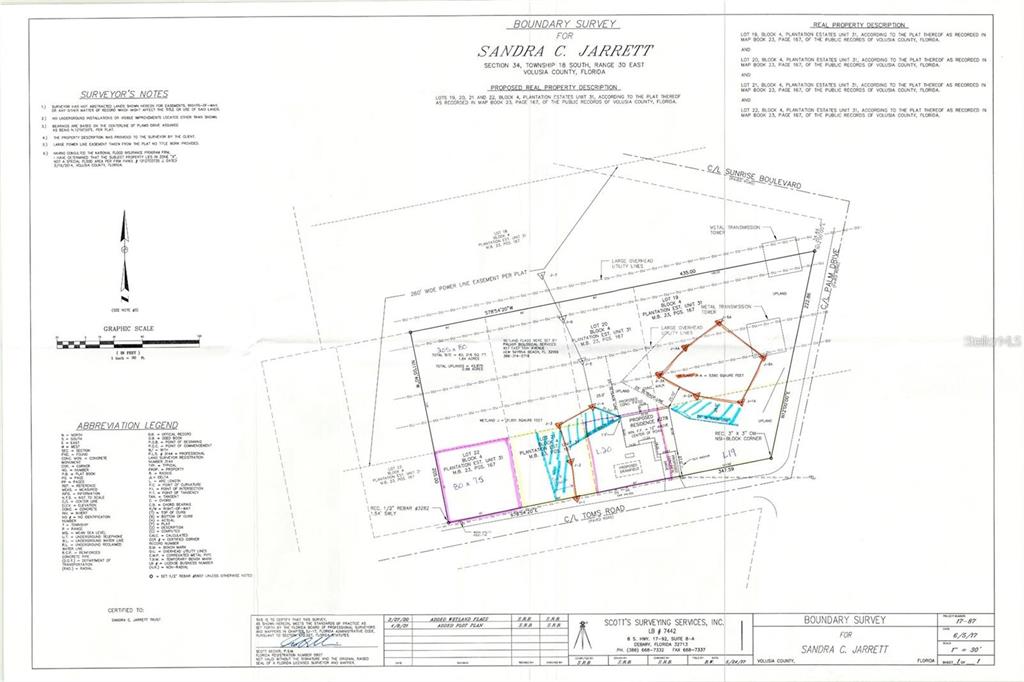 This image is a boundary survey map showing property lots, easements, and a proposed residence — 274 TOMS ROAD, DEBARY, FL