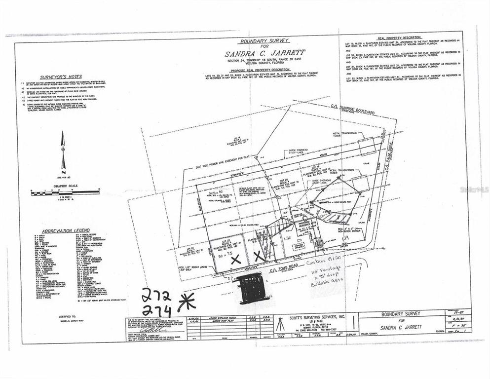 This is a boundary survey map showing multiple lots and property lines — 274 TOMS ROAD, DEBARY, FL