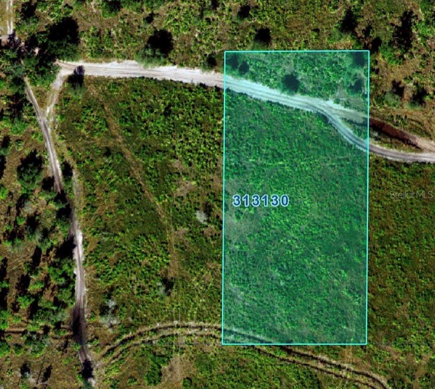 An aerial view shows a rectangular plot of land highlighted in blue near a dirt road — RIVER RANCH BLVD, FROSTPROOF, FL