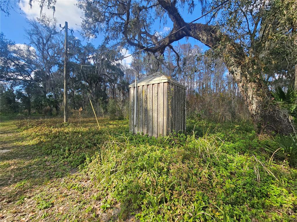 A weathered wooden shed stands in a grassy, wooded area near a utility pole — HIGGINSON ROAD, ZEPHYRHILLS, FL