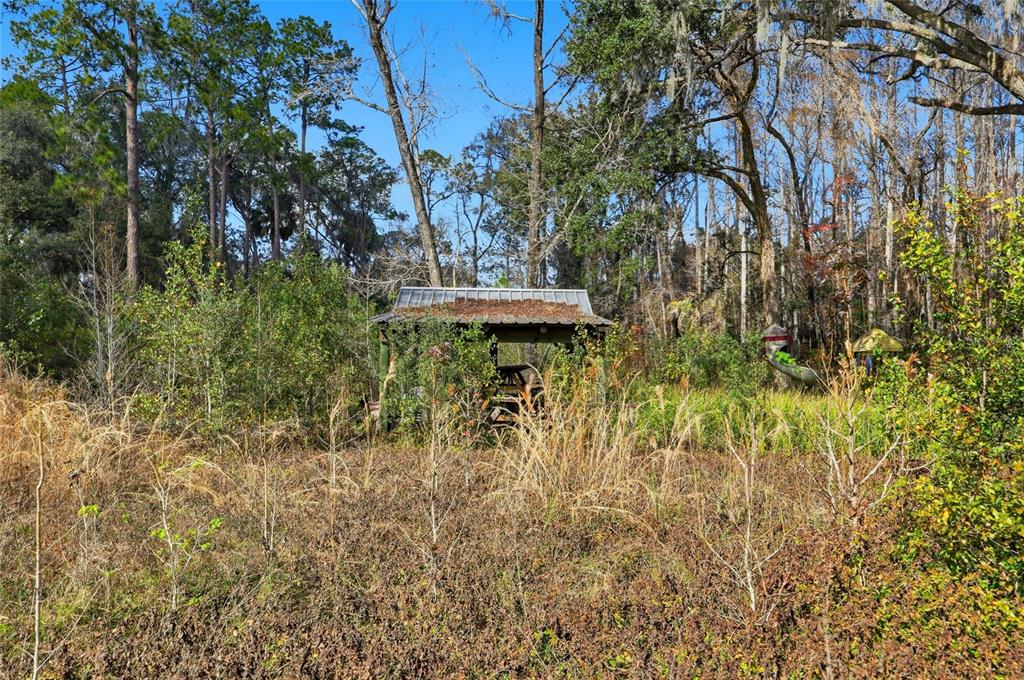 A small, weathered wooden gazebo sits in a field of tall grass and overgrown brush — HIGGINSON ROAD, ZEPHYRHILLS, FL