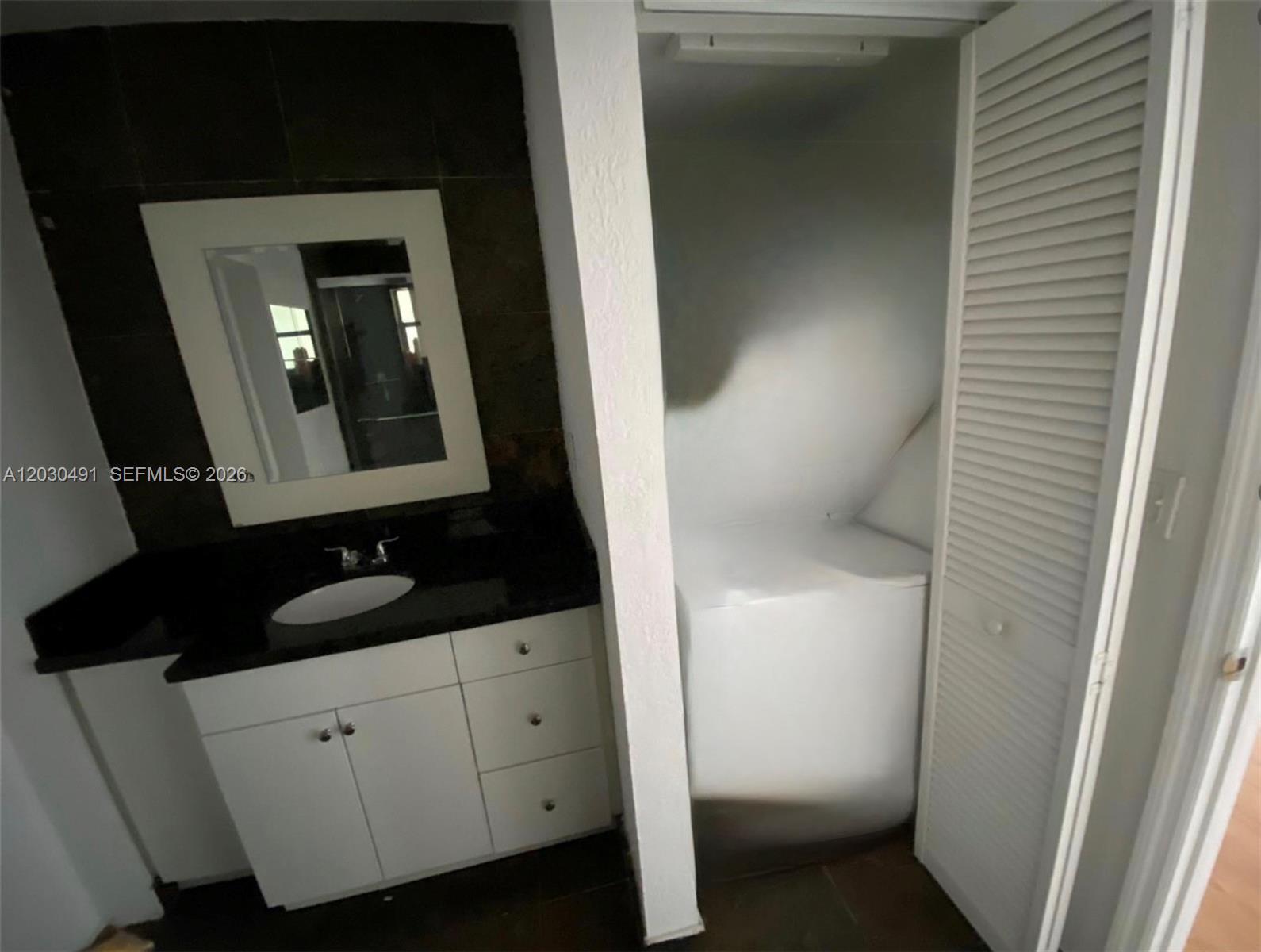 A bathroom vanity with a black countertop sits next to a closet containing a washer — 7410 SW 82nd St # K401, Miami FL 33143, MIAMI, FL
