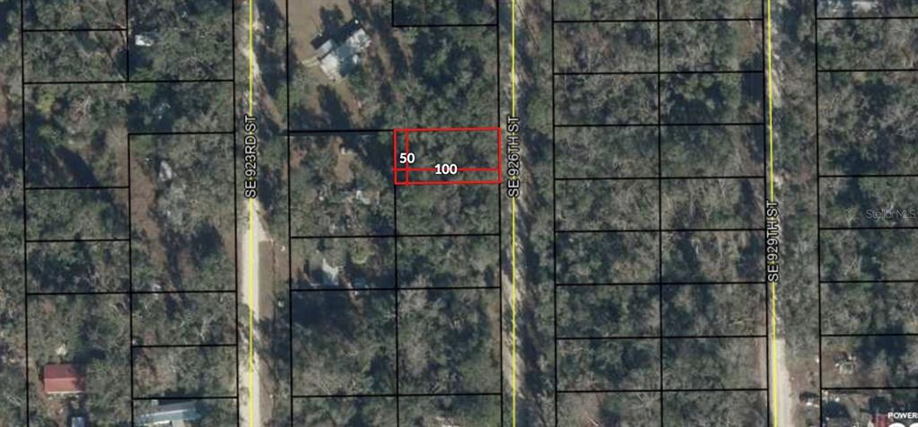 An aerial map shows a rectangular plot of land highlighted in red with dimensions — TBD SE 926TH ST STREET, OLD TOWN, FL