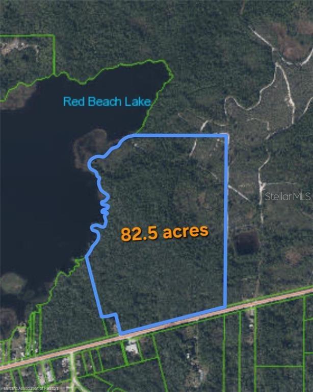 This is an aerial map showing an 82.5-acre parcel of land bordering Red Beach Lake — 12000 US-98, SEBRING, FL