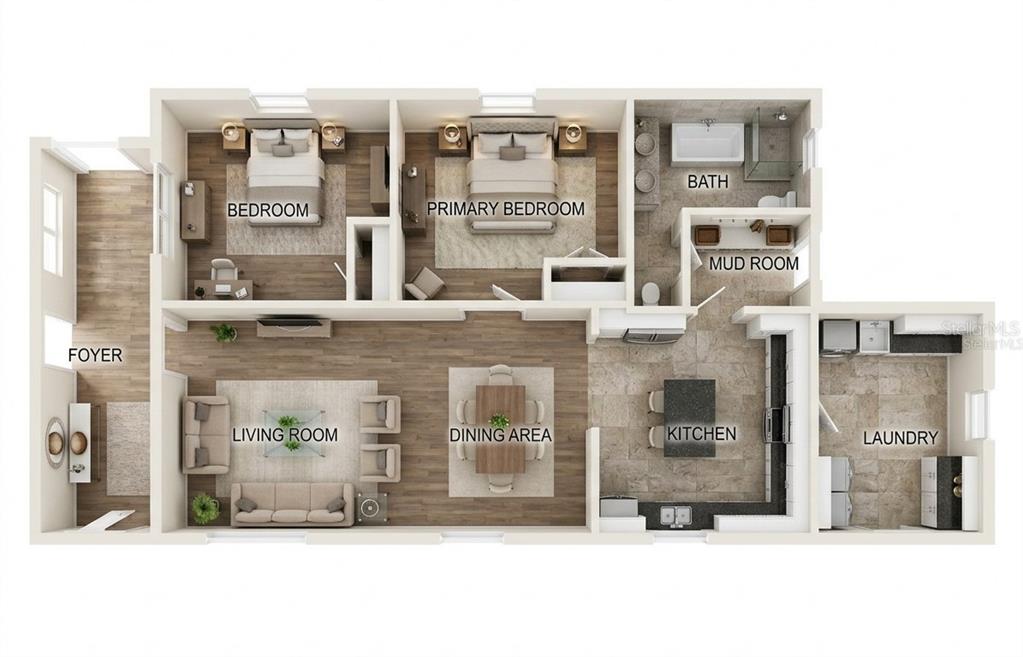 This floor plan rendering shows a two-bedroom home with an open kitchen, living, and dining area — 313 E BOOKER STREET, AVON PARK, FL