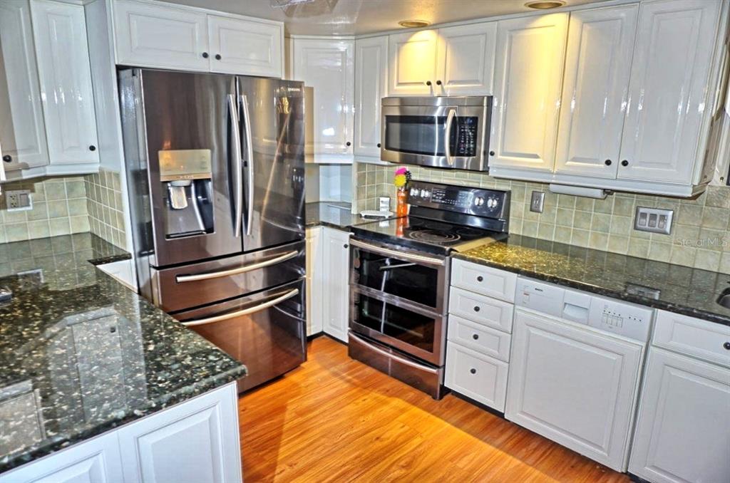A kitchen with white cabinets, dark granite countertops, stainless steel appliances, and wood-look flooring — 2051 VISTA DEL SOL CIRCLE UNIT 201, LUTZ, FL