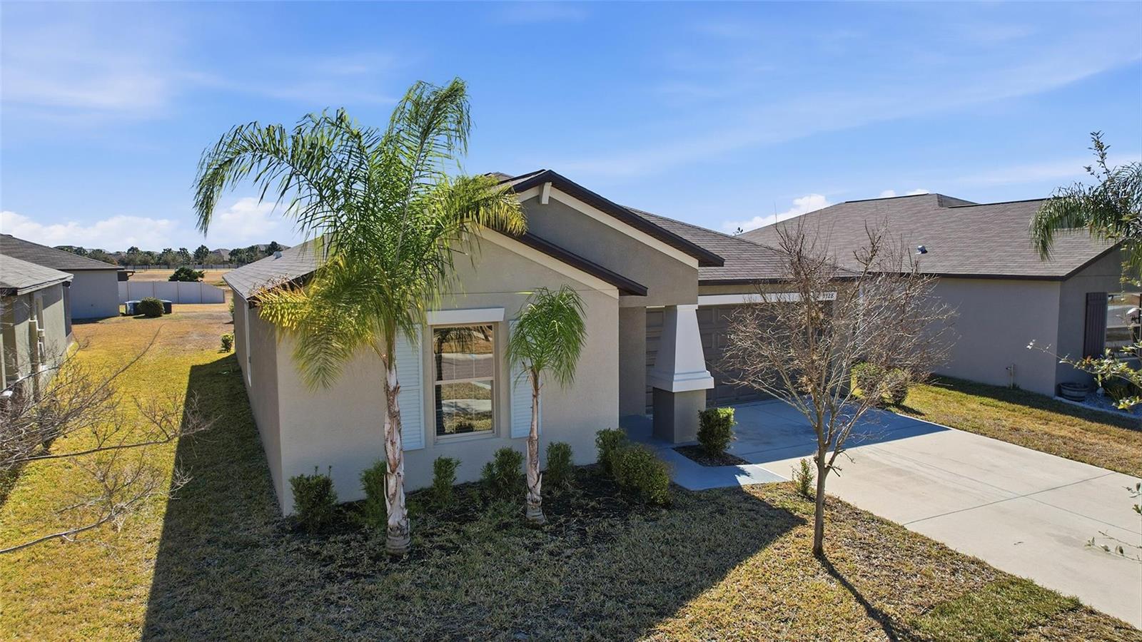 A single-story house with a beige stucco exterior, a concrete driveway, and two palm trees — 9728 Channing Hill Drive, FL 33573, FL
