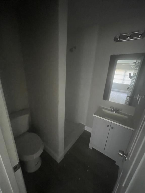 A small bathroom features a toilet, a walk-in shower, and a vanity with a mirror — 401 MARTIN LUTHER KING JR AVENUE, WILDWOOD, FL