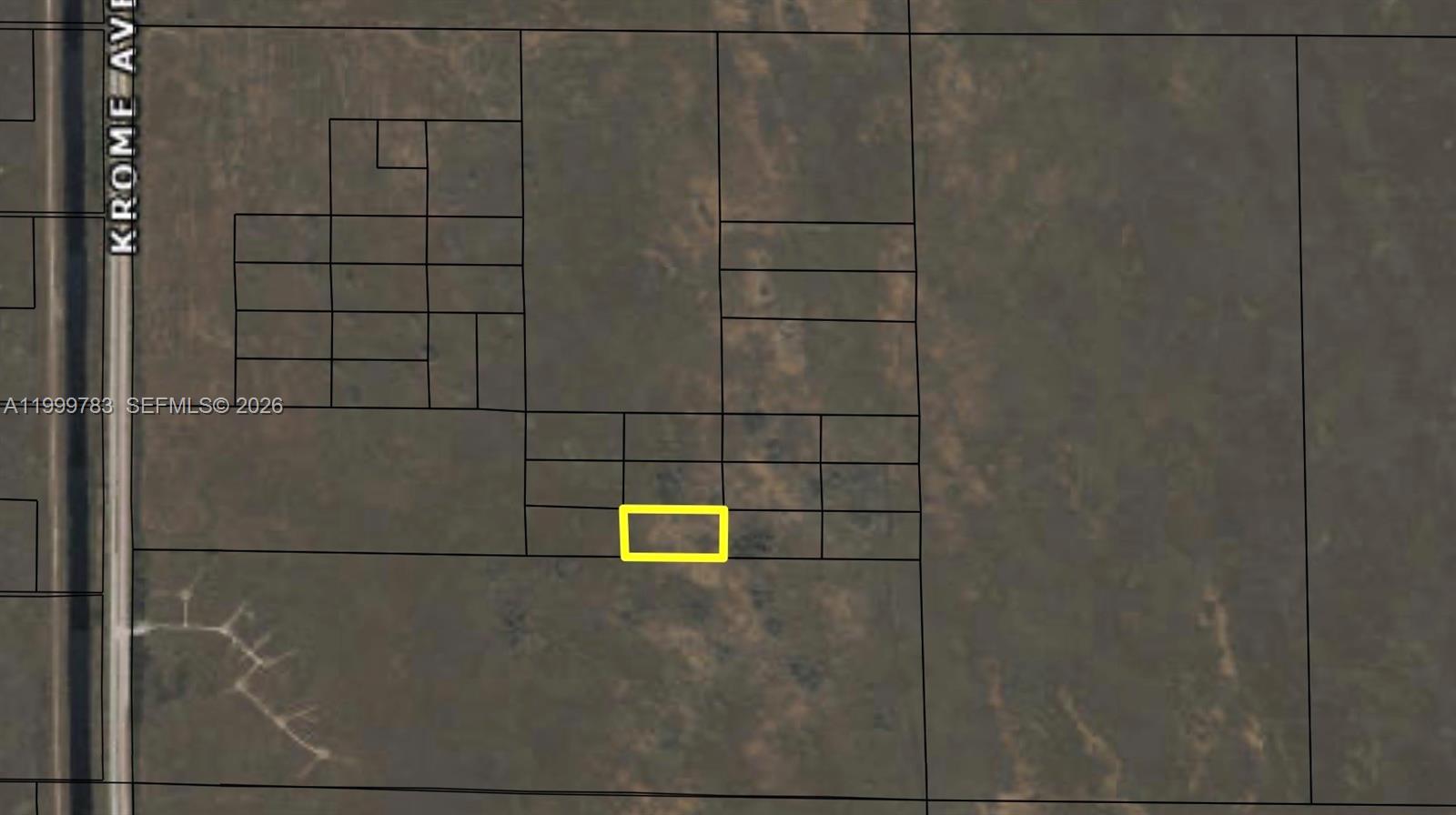This is an aerial map showing a highlighted rectangular land parcel near a road — 90 Krome Ave, Miami FL 33178, MIAMI, FL