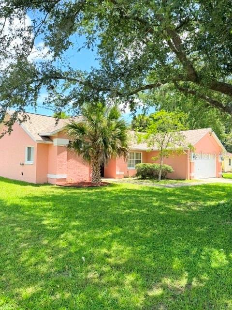 A single-story peach-colored house with a palm tree in the front yard — 20 PALM LANE, PALM COAST, FL