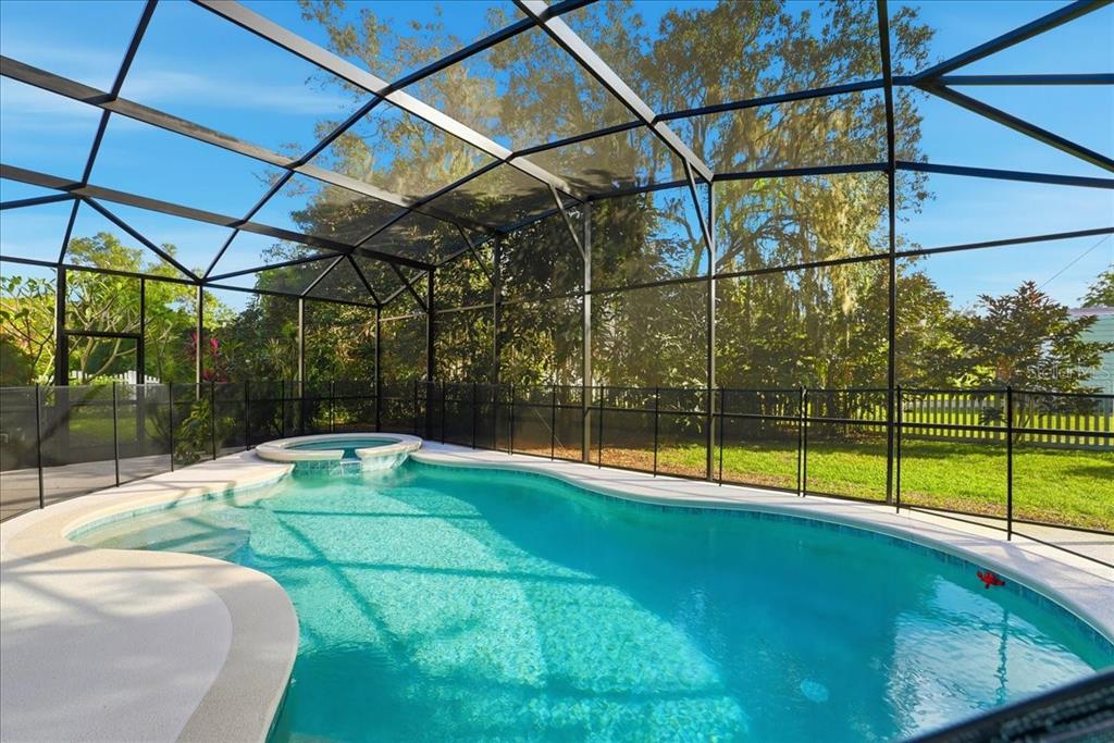 A swimming pool and attached spa are enclosed within a screened-in lanai — 1190 SUGAR BELT DRIVE, ST CLOUD, FL