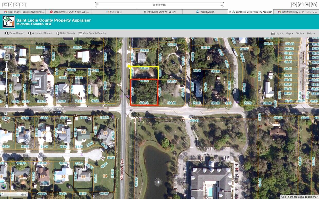 This is a satellite map view showing property parcel boundaries and dimensions in a residential area — 0 Oleander Avenue, Fort Pierce FL 34982, FORT PIERCE, FL