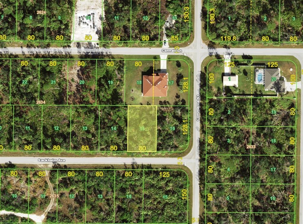 This is an aerial map showing residential land parcels and street layouts — 14388 SACKHEIM AVENUE, PORT CHARLOTTE, FL