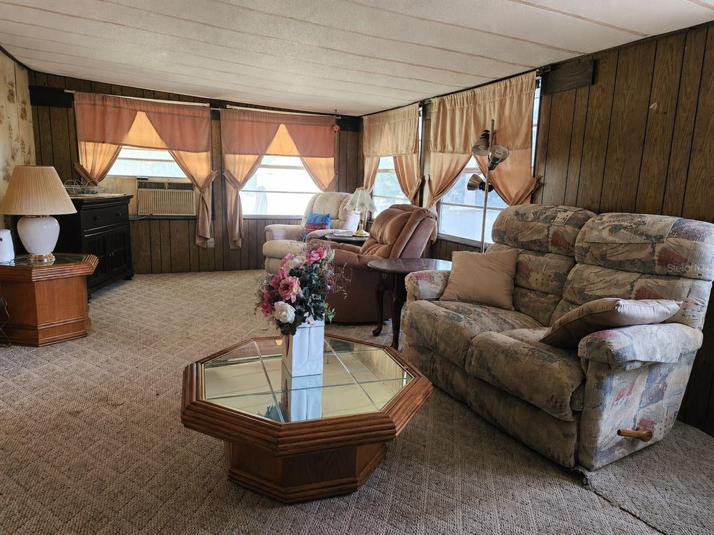 A living room features wood-paneled walls, carpeted flooring, a patterned loveseat, and an octagonal coffee table — 9997 SE 167TH LANE, SUMMERFIELD, FL