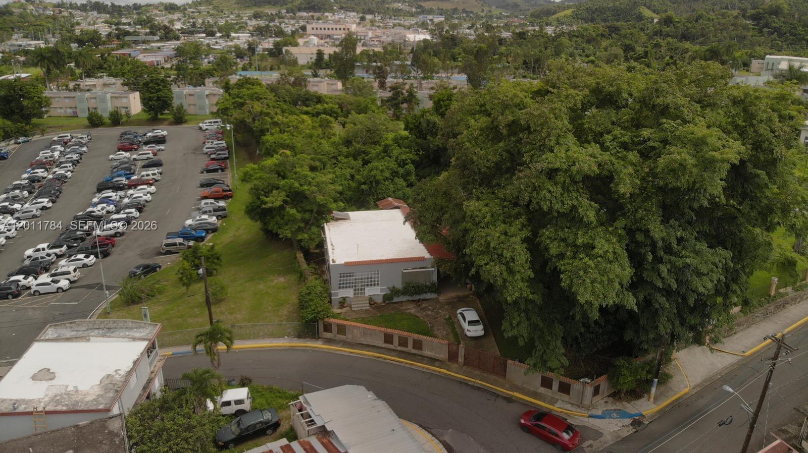 An aerial view shows a house with a white roof surrounded by trees and parking — - Padial Sur #171 Aibonito, PR 00705, PR