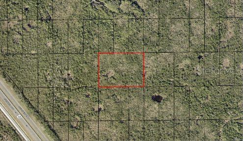 An aerial view shows a rectangular plot of land outlined in red amidst wooded terrain — CAPE CANAVERAL, PALM BAY, FL