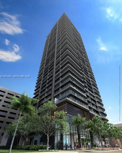 A digital rendering of a tall, modern residential skyscraper with balconies against a blue sky — 121 NE 5th # 501B, Miami FL 33132, MIAMI, FL