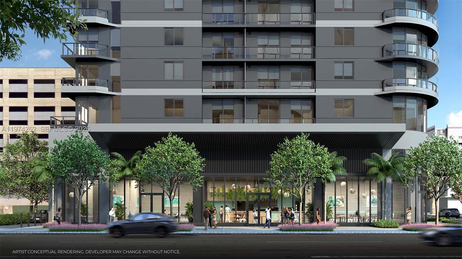 This artist conceptual rendering shows the exterior street-level view of a modern apartment building — 121 NE 5th # 501B, Miami FL 33132, MIAMI, FL