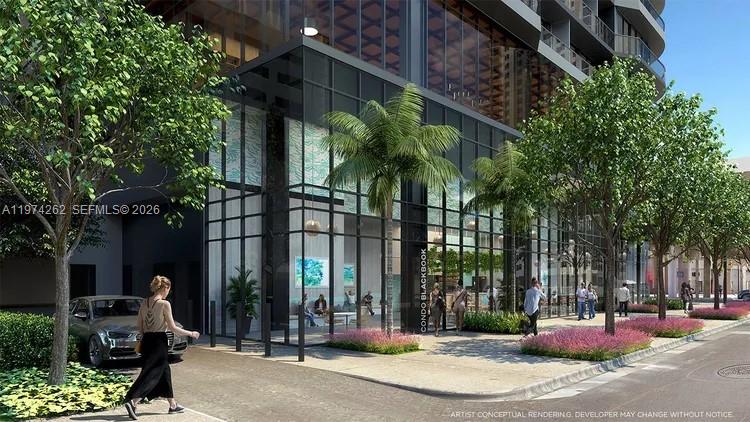 This is an architectural rendering of a modern glass-walled building exterior with surrounding landscaping — 121 NE 5th # 501B, Miami FL 33132, MIAMI, FL