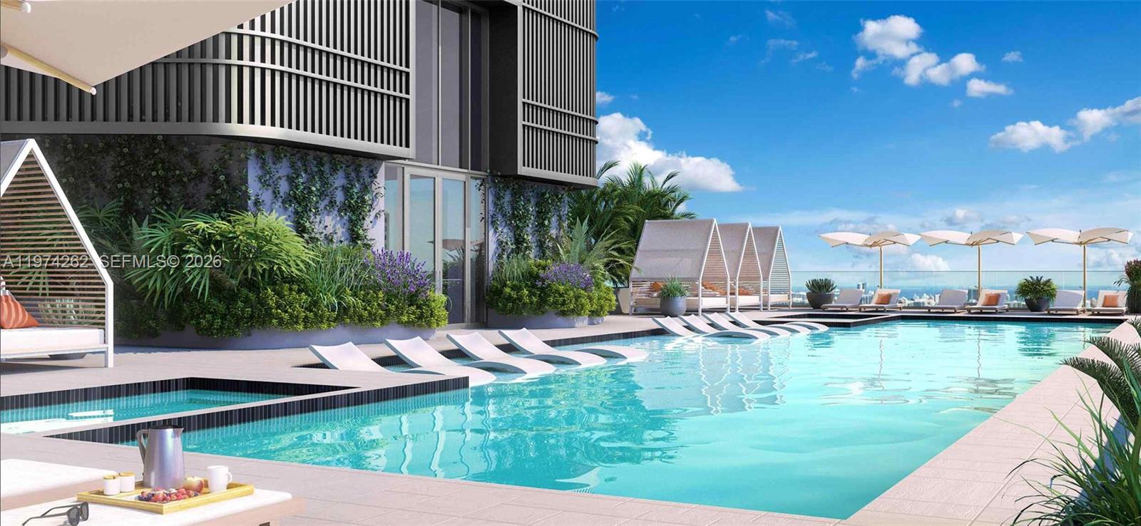 This is a rendering of a modern outdoor swimming pool deck with lounge chairs — 121 NE 5th # 501B, Miami FL 33132, MIAMI, FL