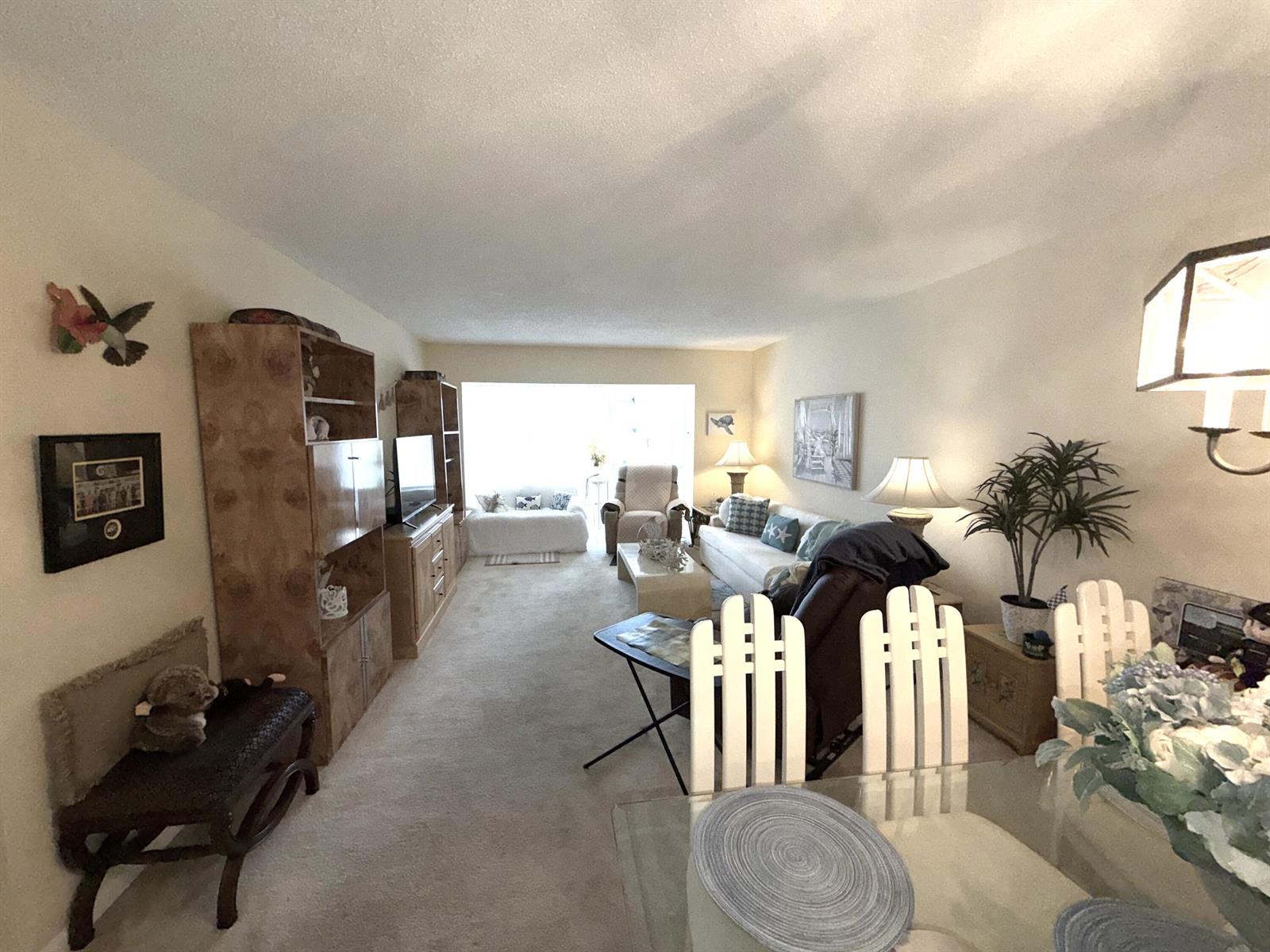 A living room and dining area feature beige carpeting, neutral walls, and a large window — 1030 Silk Oak Terrace # 101, Delray Beach FL 33445, DELRAY BEACH, FL