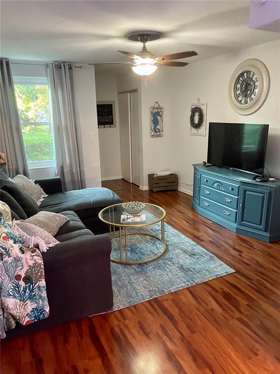 A living room features a dark sofa, a blue media console, and wood-look flooring — 4304 LA RIVIERA COURT, TAMPA, FL
