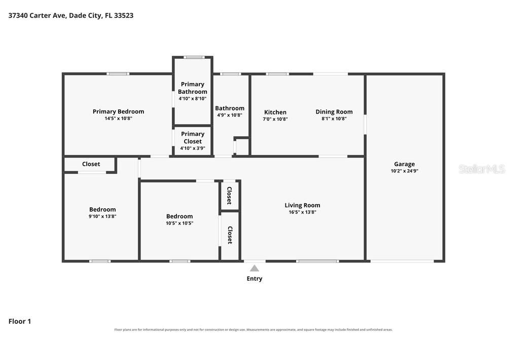This is a floor plan showing the layout of a single-story house with three bedrooms — 37340 CARTER AVENUE, DADE CITY, FL