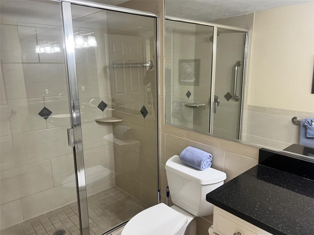 A bathroom features a glass-enclosed walk-in shower, a white toilet, and a black countertop vanity — 1001 POINT OF ROCKS ROAD UNIT 310, SARASOTA, FL