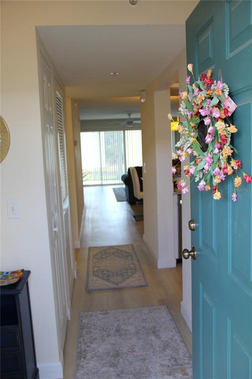 A view from an open teal door into a hallway with wood flooring and rugs — 204 SILVER LAKE DRIVE UNIT 102, VENICE, FL